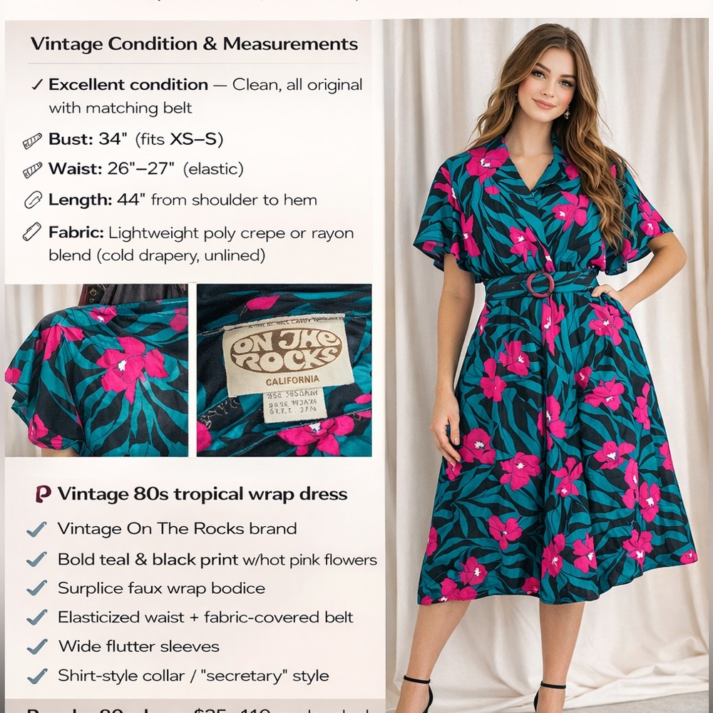 Vintage 80s On The Rocks California Tropical Floral Wrap‎ Dress Teal Pink Belted